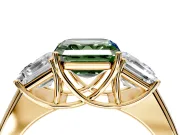 3 Stone Engagement Ring Setting for Fancy Green Asscher Cut Center with Raised Basket Heads and Prong Head in Yellow Gold