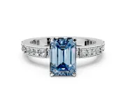 Solitaire Engagement Ring Setting for Fancy Blue Emerald Cut Center with Milgrain-Edged Pave Band and Prong Head in Sterling Silver