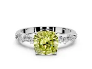 Cluster Engagement Ring Setting for Fancy Yellow Cushion Cut Center with Round Cut Accent Band and Prong Head in White Gold