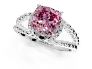 Halo Engagement Ring Setting for Fancy Pink Cushion Cut Center with Rope Twist Split Shank and Prong Head in Platinum