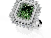 Halo Engagement Ring Setting for Fancy Green Radiant Cut Center with Milgrain Bezel Rim, Plain Band and Prong Head in Platinum