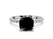 Solitaire Engagement Ring Setting for Fancy Black Cushion Cut Center with Fine Pave Narrow Band and Prong Head in White Gold