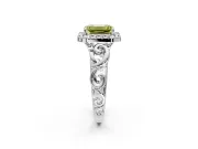 Halo Engagement Ring Setting for Fancy Yellow Emerald Cut Center with Open Scroll Shoulders and Prong Head in Sterling Silver