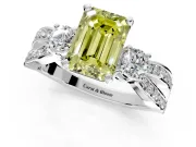 3 Stone Engagement Ring Setting for Fancy Yellow Emerald Cut Center with Pave Twist Band and Prong Head in White Gold