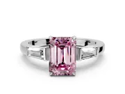 3 Stone Engagement Ring Setting for Fancy Pink Emerald Cut Center with Baguette Accents and Prong Head in Platinum
