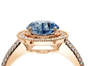 Milgrain Halo Engagement Ring Setting for Fancy Blue Round Cut Center with Three-Sided Pave Band and Prong Head in Rose Gold