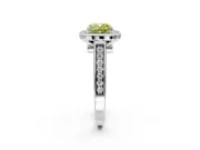 Halo Engagement Ring Setting for Fancy Yellow Cushion Cut Center with Outer Bezel Rim, Pave Band and Prong Head in White Gold