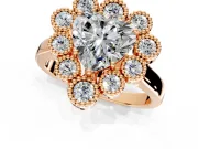 Cluster Halo Engagement Ring Setting for Heart-Shaped Center with Milgrain Bezel Accents and Prong Head in Rose Gold