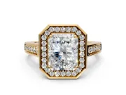 Halo Engagement Ring Setting for Radiant Cut Center with Outer Bezel Rim, Pave Band and Prong Head in Yellow Gold
