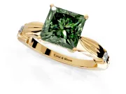 Solitaire Engagement Ring Setting for Fancy Green Princess Cut Center with Carved Leaf Shoulders and Prong Head in Yellow Gold