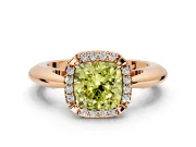 Halo Engagement Ring Setting for Fancy Yellow Cushion Cut Center with Tapered Plain Band and Prong Head in Rose Gold