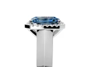 Halo Engagement Ring Setting for Fancy Blue Emerald Cut Center with Knife Ridge Cathedral Band and Prong Head in White Gold