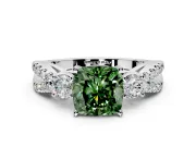 3 Stone Engagement Ring Setting for Fancy Green Cushion Cut Center with Pave Split Shank and Prong Head in Sterling Silver