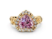 Halo Engagement Ring Setting for Fancy Pink Heart-Shaped Center with Open Scroll Shoulders and Prong Head in Yellow Gold