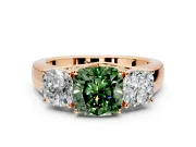 3 Stone Engagement Ring Setting for Fancy Green Cushion Cut Center with Raised Basket Heads and Prong Head in Rose Gold