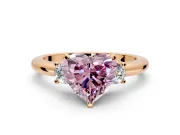 3 Stone Engagement Ring Setting for Fancy Pink Heart-Shaped Center with Wide Plain Band and Prong Head in Rose Gold