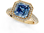 Milgrain Halo Engagement Ring Setting for Fancy Blue Asscher Cut Center with Three-Sided Pave Band and Prong Head in Yellow Gold