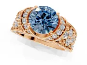 Pave Engagement Ring Setting for Fancy Blue Round Cut Center with Curved Accent Rows, Openwork and Prong Head in Rose Gold
