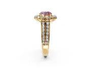 Large Accent Halo Engagement Ring Setting for Fancy Pink Round Cut Center with Pave Split Shank and Prong Head in Yellow Gold