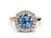 Single Halo Engagement Ring Setting for Fancy Blue Round Cut Center with Corner Claws, Plain Band and Prong Head in Rose Gold