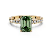 Solitaire Engagement Ring Setting for Fancy Green Emerald Cut Center with Round Cut Pave Band and Prong Head in Yellow Gold