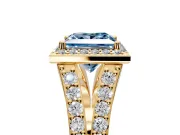Halo Engagement Ring Setting for Fancy Blue Princess Cut Center with Narrow Pave Split Shank and Prong Head in Yellow Gold
