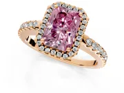 Accent Halo Engagement Ring Setting for Fancy Pink Radiant Cut Center with Full-Length Pave Band and Prong Head in Rose Gold