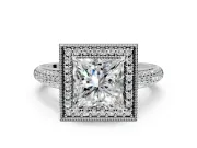 Milgrain Halo Engagement Ring Setting for Princess Cut Center with Three-Sided Pave Band and Prong Head in Platinum