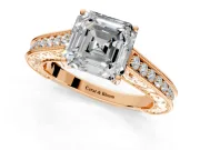 Solitaire Engagement Ring Setting for Asscher Cut Center with Engraved Pave Band and Prong Head in Rose Gold