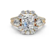 Halo Engagement Ring Setting for Radiant Cut Center with Two-Strand Split Shank and Prong Head in Yellow Gold