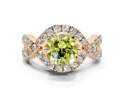 Halo Engagement Ring Setting for Fancy Yellow Cushion Cut Center with Pave Infinity Twist Band and Prong Head in Rose Gold