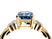 Solitaire Engagement Ring Setting for Fancy Blue Emerald Cut Center with Grooved Bar Accent Band and Prong Head in Yellow Gold