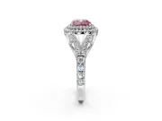 Double Halo Engagement Ring Setting for Fancy Pink Cushion Cut Center with Narrow Pave Split Shank and Prong Head in Platinum