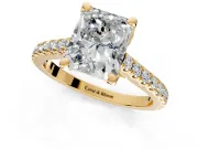 Solitaire Engagement Ring Setting for Radiant Cut Center with Widening Pave Band and Claw Prong Head in Yellow Gold