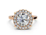 Single Halo Engagement Ring Setting for Round Cut Center with Corner Claws, Plain Band and Prong Head in Rose Gold