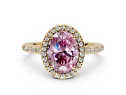 Halo Engagement Ring Setting for Fancy Pink Oval Center with Pave Accents, Heart Basket and Prong Head in Yellow Gold