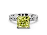 Solitaire Engagement Ring Setting for Fancy Yellow Princess Cut Center with XO Engraved Band and Prong Head in Platinum