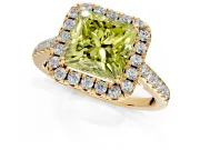 Halo Engagement Ring Setting for Fancy Yellow Princess Cut Center with Narrowing Pave Band and Prong Head in Yellow Gold