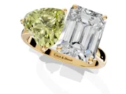 Fancy Yellow Heart-Shaped and Emerald Cut Lab-Grown Diamond Toi et Moi Engagement Ring with Prong-Set Stones in Yellow Gold