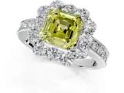 Halo Engagement Ring Setting for Fancy Yellow Asscher Cut Center with Milgrain Channel Band and Prong Head in White Gold