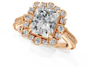 Milgrain Halo Engagement Ring Setting for Radiant Cut Center with Bezel Point Accents and Prong Head in Rose Gold