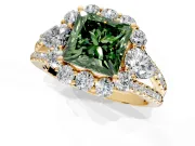 Halo Engagement Ring Setting for Fancy Green Princess Cut Center with Two-Strand Split Shank and Prong Head in Yellow Gold