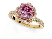 Halo Engagement Ring Setting for Fancy Pink Cushion Cut Center with Openwork Halo, Pave Band and Prong Head in Yellow Gold