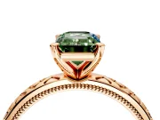 Solitaire Engagement Ring Setting for Fancy Green Emerald Cut Center with Milgrain X Pattern Band and Prong Head in Rose Gold