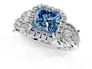Bypass Halo Engagement Ring Setting for Fancy Blue Princess Cut Center with Bezel Accents, Milgrain and Prong Head in Platinum