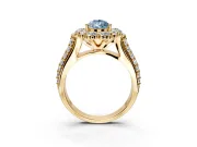 Large Accent Halo Engagement Ring Setting for Fancy Blue Pear-Shaped Center with Pave Split Shank and Prong Head in Yellow Gold