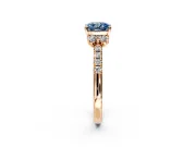 Paired Accent Engagement Ring Setting for Fancy Blue Cushion Cut Center with Pave Band and Prong Head in Rose Gold