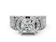 Pave Engagement Ring Setting for Princess Cut Center with Curved Accent Rows, Openwork and Prong Head in Platinum