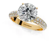Solitaire Engagement Ring Setting for Round Cut Center with Domed Multi-Row Pave Band and Prong Head in Yellow Gold