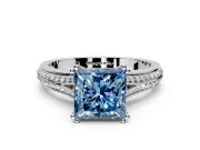 Solitaire Engagement Ring Setting for Fancy Blue Princess Cut Center with Pave Rail Split Shank and Prong Head in Platinum